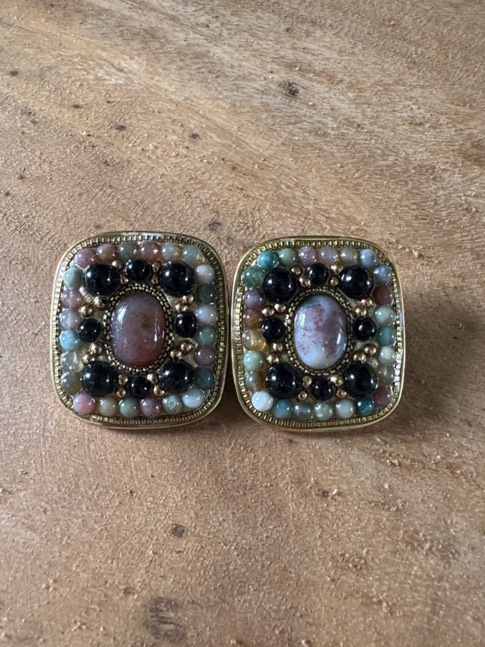 Vintage Gold-Tone Multicolor Natural Stone Square Earrings